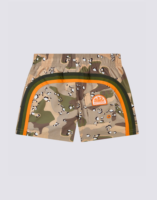 REPREVE® ELASTICATED WAIST SHORT SWIMSHORTS WITH SPOTTED CAMO PRINT