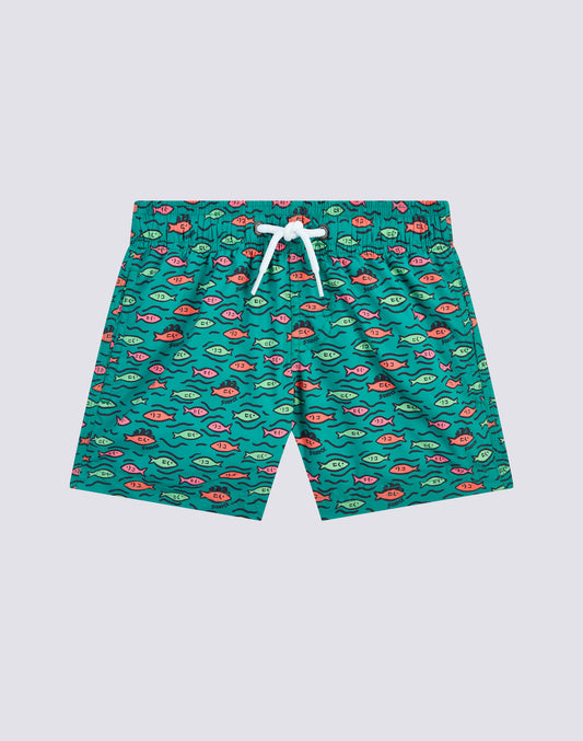 FISHBALL PRINT ELASTICATED WAIST SHORT SWIMSHORTS IN RECYCLED POLY