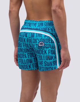 SHORT SWIMSUIT WITH ELASTIC WAIST AND PAYOFF WRITINGS PRINT