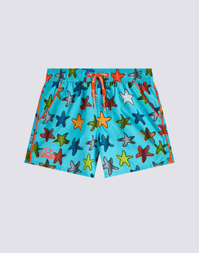 COSTUME DA BAGNO BAMBINO CORTO VITA ELASTICATA STAMPA HAPPY STAR IN POLIESTERE RICICLATO REPREVE®