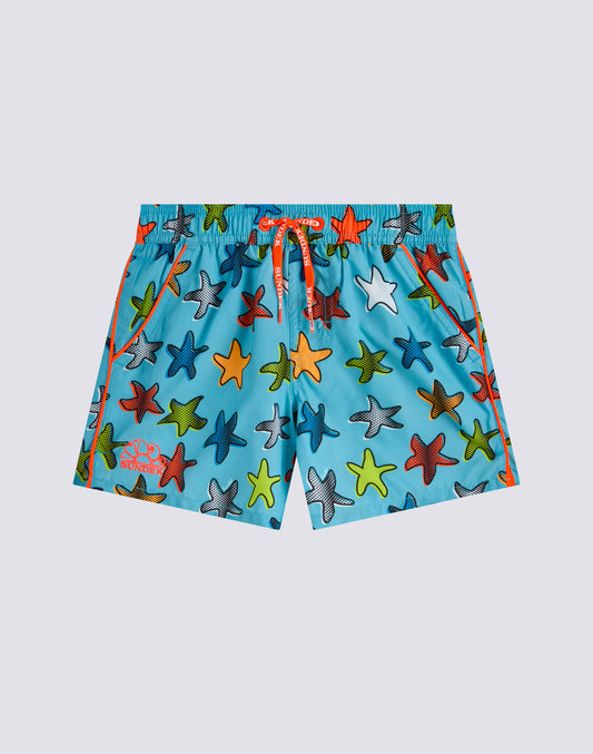 COSTUME DA BAGNO BAMBINO CORTO VITA ELASTICATA STAMPA HAPPY STAR IN POLIESTERE RICICLATO REPREVE®