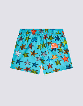COSTUME DA BAGNO BAMBINO CORTO VITA ELASTICATA STAMPA HAPPY STAR IN POLIESTERE RICICLATO REPREVE®