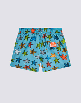 COSTUME DA BAGNO BAMBINO CORTO VITA ELASTICATA STAMPA HAPPY STAR IN POLIESTERE RICICLATO REPREVE®