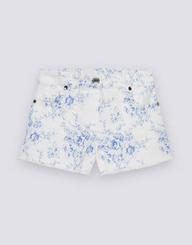 SHORTS BAMBINA A TAGLIO VIVO IN BULL DI COTONE STAMPA ROSE DE JOIE