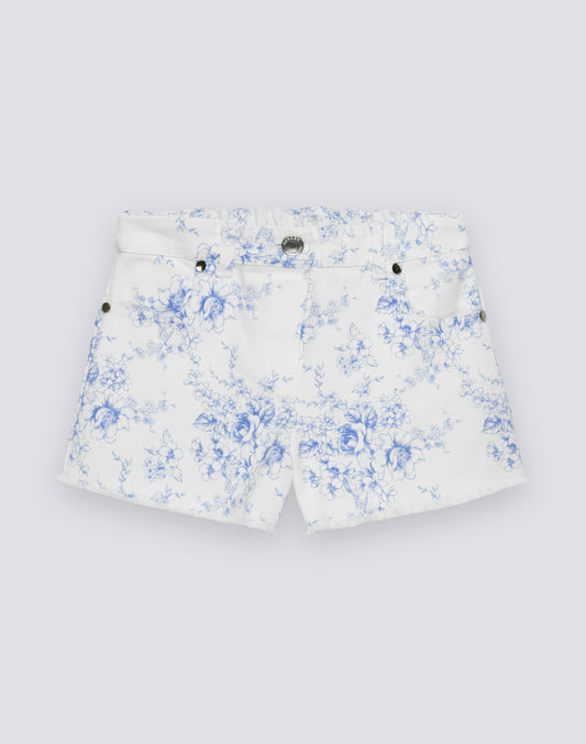 SHORTS BAMBINA A TAGLIO VIVO IN BULL DI COTONE STAMPA ROSE DE JOIE