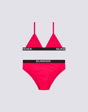 BIKINI DE NIÑA CON TOP TRIANGULAR Y BAÑADOR FIJO CON ELÁSTICO LOGO