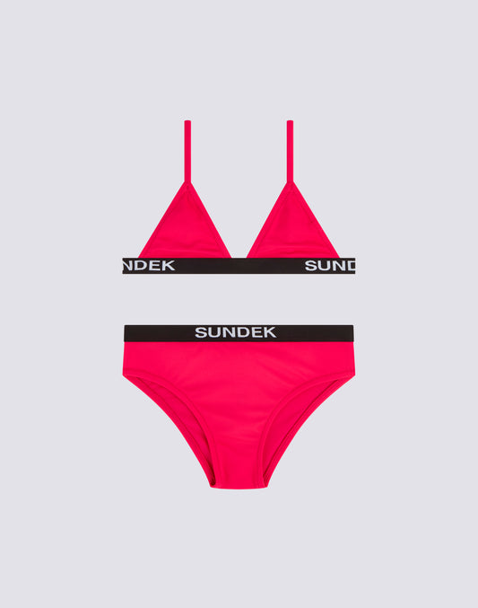 GIRLS' BIKINI WITH TRIANGLE TOP AND FIXED BOTTOMS WITH ELASTIC LOGO