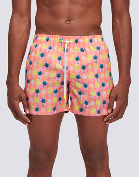 REPREVE® ELASTICATED WAIST SHORT SWIMSHORTS WITH PALM COLLAGE PRINT