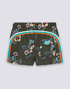 SHORT SWIM SHORTS WITH ELASTIC WAISTBAND IN REPREVE® RECYCLED POLYESTER WITH GRAPHIC FLOWER PRINT
