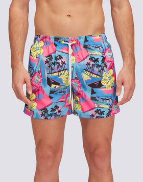 REPREVE® ELASTICATED WAIST SHORT SWIMSHORTS WITH GREETINGS FROM CALIFORNIA PRINT