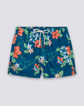 SHORT SWIM SHORTS WITH ELASTIC WAISTBAND IN REPREVE® RECYCLED POLYESTER WITH ISLAND BLISS PRINT
