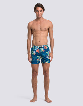 SHORT SWIM SHORTS WITH ELASTIC WAISTBAND IN REPREVE® RECYCLED POLYESTER WITH ISLAND BLISS PRINT