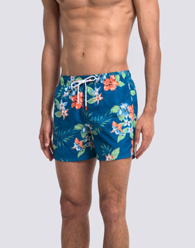 SHORT SWIM SHORTS WITH ELASTIC WAISTBAND IN REPREVE® RECYCLED POLYESTER WITH ISLAND BLISS PRINT