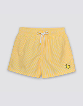 BAÑADOR CORTO DE CINTURA ELÁSTICA DE POLIÉSTER RECICLADO REPREVE® CON ESTAMPADO DE RAYAS JUICY Y BORDADO DE FRUTAS