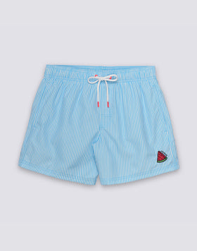 MAILLOT DE BAIN COURT À TAILLE ÉLASTIQUE EN POLYESTER RECYCLÉ REPREVE® AVEC IMPRIMÉ À RAYURES JUICY ET BRODERIE FRUITS