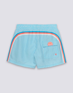 MAILLOT DE BAIN COURT À TAILLE ÉLASTIQUE EN POLYESTER RECYCLÉ REPREVE® AVEC IMPRIMÉ À RAYURES JUICY ET BRODERIE FRUITS
