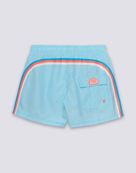COSTUME DA BAGNO UOMO CORTO VITA ELASTICATA POLIESTERE RICICLATO REPREVE® CON STAMPA A RIGHE JUICY STRIPES CON RICAMO FRUTTA