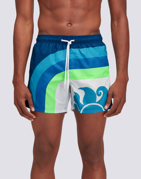 REPREVE® ELASTICATED WAIST SHORT SWIMSHORTS WITH SUN COLORS PRINT