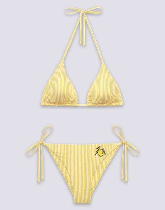 MAILLOT DE BAIN FEMME HAUT TRIANGLE ET SLIP À NŒUDS AVEC BRODERIE FRUITS
