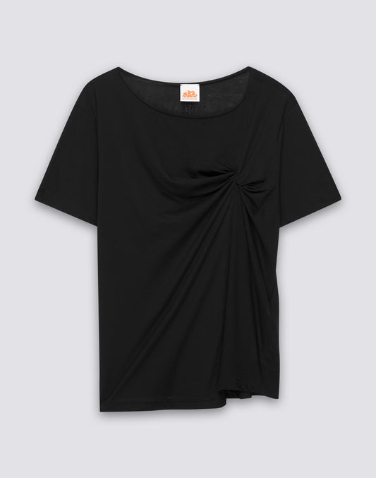 T-SHIRT DONNA CON COLLO AMPIO E NODO FRONTALE