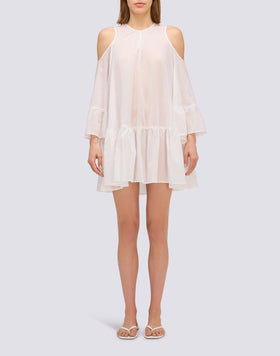 VESTIDO CORTO CON HOMBROS DESCUBIERTOS EN GASA DE ALGODÓN