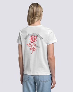 T-SHIRT DONNA CON IBISCO RICAMATO E STAMPATO