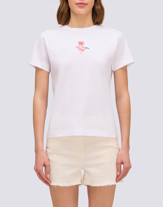 T-SHIRT DONNA CON IBISCO RICAMATO E STAMPATO