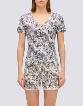 T-SHIRT A MEZZE MANICHE IN LINO CON STAMPA FLEUR DE JOIE