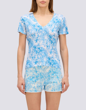 T-SHIRT A MEZZE MANICHE IN LINO CON STAMPA FLEUR DE JOIE