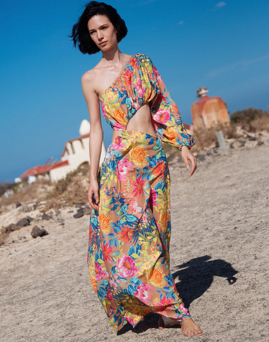 ONE-SHOULDER DRESS WITH CUT ON ONE SIDE AND WILD GARDEN PRINT